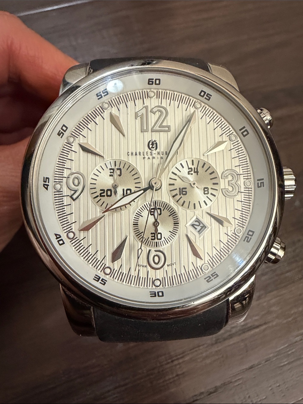 Men's Silver Chronograph Watch with Black Strap